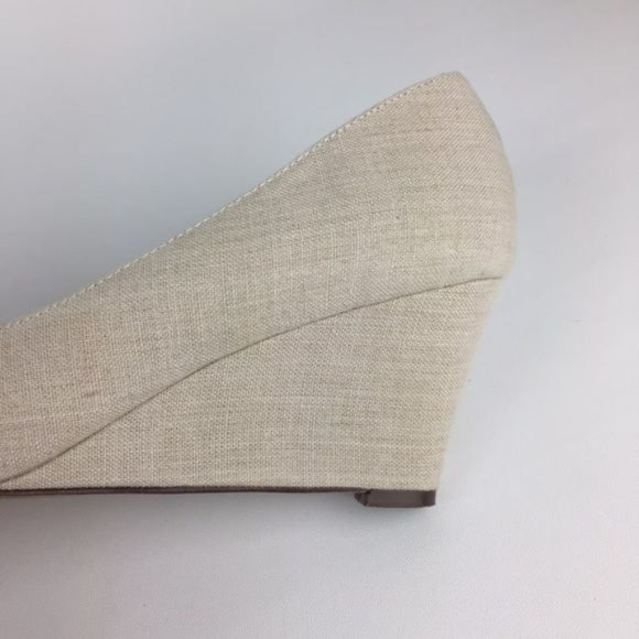 Kate Spade Womens Linen Peep Toe Wedge Heels Beige Cream Shoes Gold Bow size 10 - Picture 11 of 15